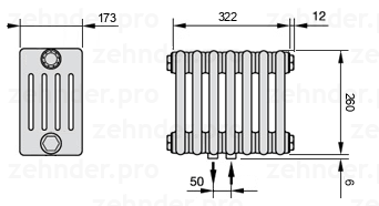 Схема (чертеж) Радиатор Zehnder Charleston 5026/7 №5410 Белый глянцевый RAL 9016
